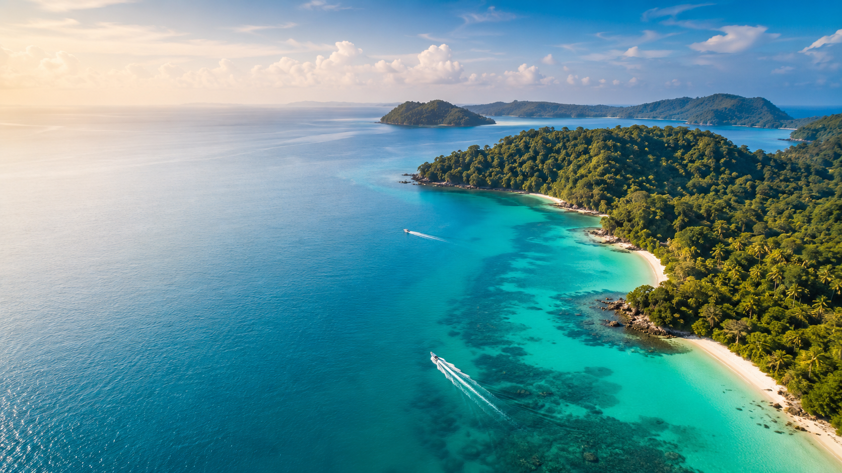 Aerial view of an emerald island and turquoise sea